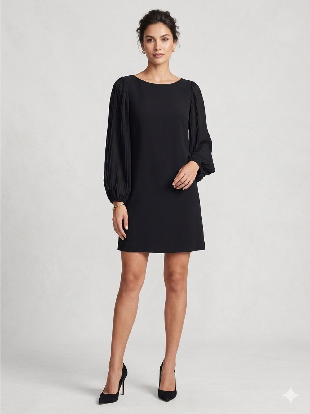 White House Black Market Pleated Puff Sleeve Little Black Dress LBD 10